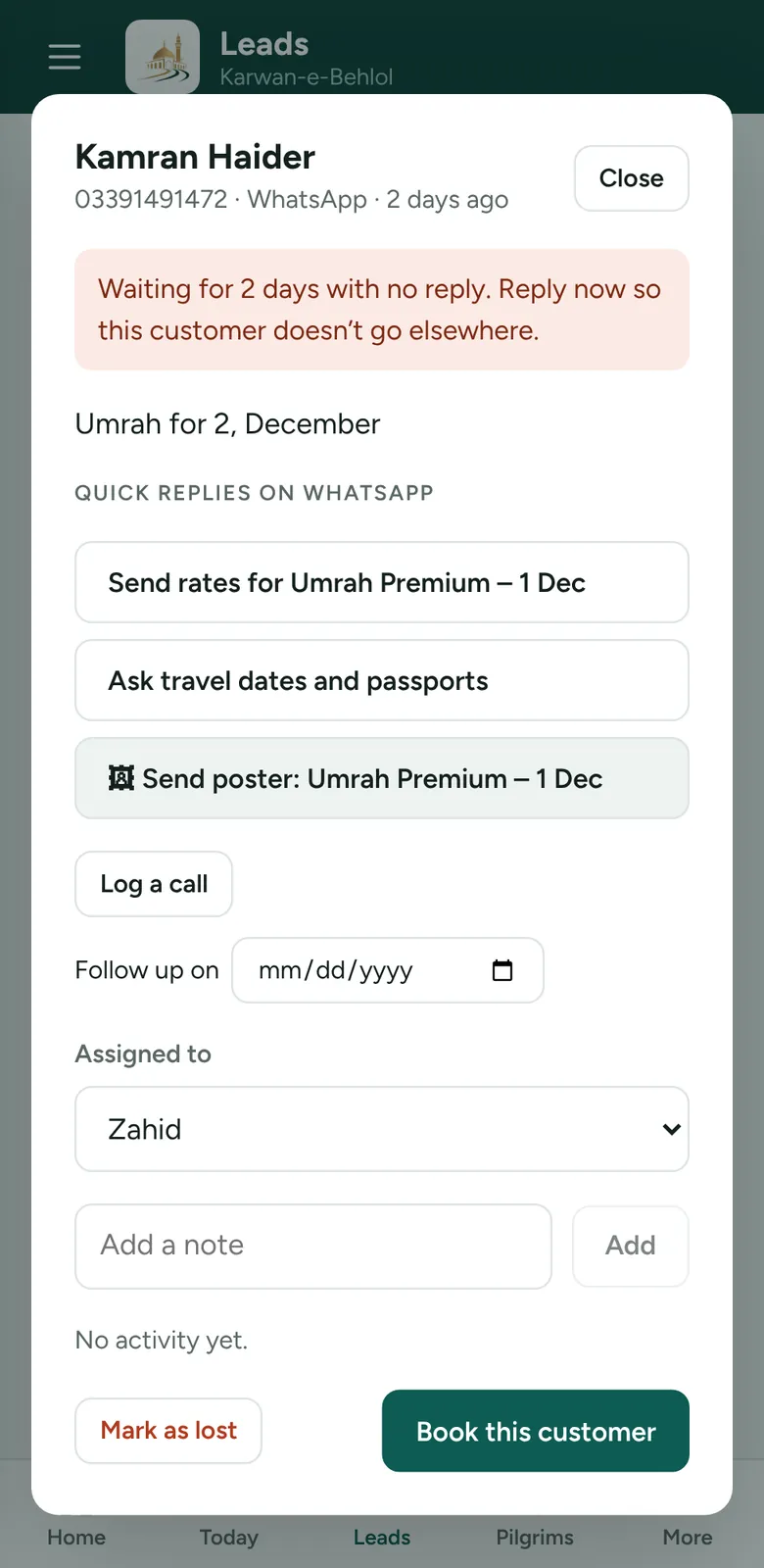 An enquiry from Kamran Haider, waiting 2 days, with quick WhatsApp replies